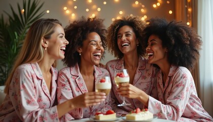 Diverse women friends in pyjamas laugh heartily enjoying drinks and desserts. They share joyful moments together, celebrating companionship and close bonds in a cozy setting with warm bokeh lights.