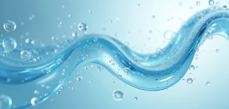 Clear blue liquid gel forms dynamic wavy abstract texture. Many tiny air bubbles float around transparent substance. Image suggests hydration, purity, fresh cosmetic products, conveying clean feeling. - Powered by Adobe