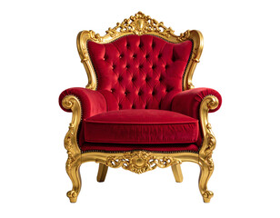 Luxurious red velvet throne chair with ornate gold frame exudes power and prestige