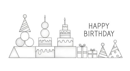 Fototapeta premium Minimalist birthday party decorations with cakes and gifts in line art
