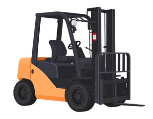 An illustration depicting a side view of an orange and dark gray forklift. It shows the operator's seat and forks