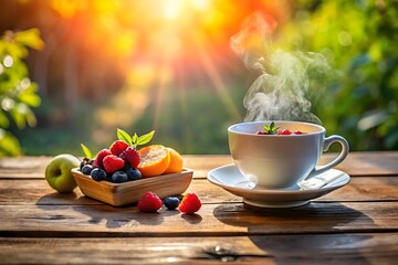 Aromatic cup of tea with fresh berries and fruit on a wooden table in sunlight