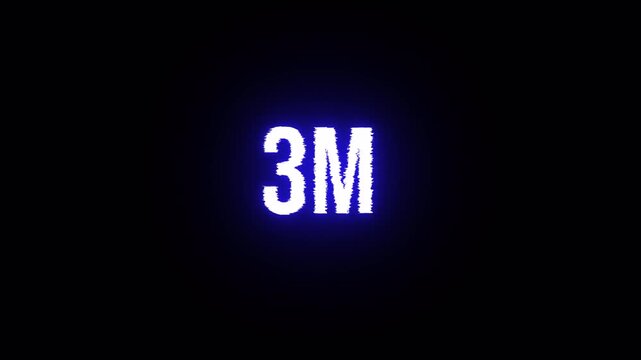 3m one million blue neon glowing text animation with glitch effect on transparent background with alpha channel. symbol achievement for social media
