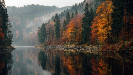 Fototapeta premium Autumn forest with vibrant orange and yellow foliage along the calm lake shore reflecting mountains and clear sky in a serene natural landscape