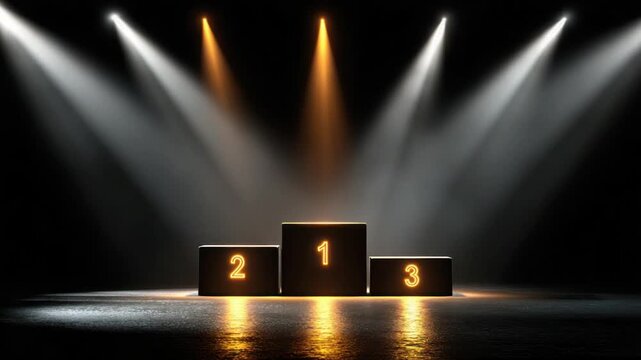 Illuminated podium with neon numbers 1, 2, and 3 under spotlights, a black background