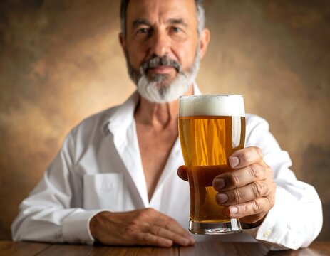 An older man in a white shirt offers a glass of amber-colored beer with a frothy head, looking towards the viewer