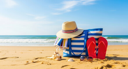 Idyllic summer beach scene featuring travel essentials like a striped tote bag, straw hat, and red flip-flops resting on golden sand by the calming ocean.