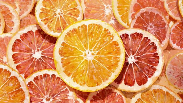 Sliced citrus medley.
Description Artistic rendering of assorted sliced citrus fruits in hues of orange, red, and yellow in a layered composition