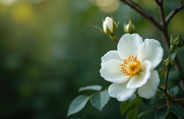 Beautiful white wild rose flower blooms in garden. Delicate petals, yellow center clearly visible. Fresh green leaves, unopened buds surround blossom. Natural floral beauty evokes feelings of peace,