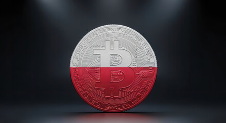 Unique 3D Bitcoin Coin Featuring Poland's National Flag on a Dark Background for Financial and Economic Presentations