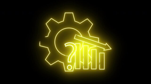 Glowing yellow neon design of a gear with a question mark and bar graph with a downward arrow