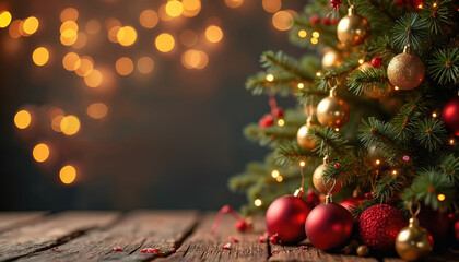 Christmas tree decorated with red and gold baubles and fairy lights. Cozy festive atmosphere with bokeh background. Wooden table surface in foreground.