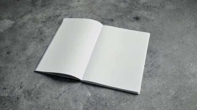 An open, blank journal rests on a textured, light-grey surface illuminated by a soft, angled light source