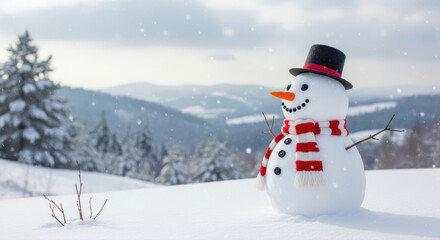 Obraz premium A cheerful snowman with a carrot nose and striped scarf stands proudly in a beautiful snowy winter landscape as snowflakes fall.