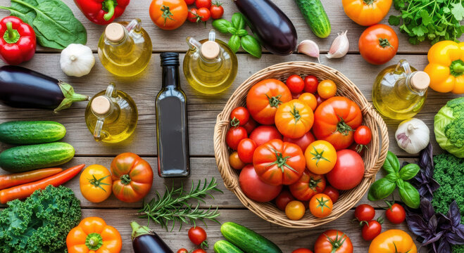 A vibrant overhead display of fresh garden vegetables, ripe tomatoes in a basket, alongside olive oil, balsamic vinegar, and fragrant herbs on a rustic wooden table.