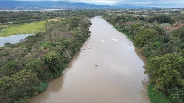 Drone view of the Paraiba do Sul river near Tremembe, in S&atilde;o Paulo, Brazil.