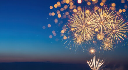 Spectacular Golden Fireworks Illuminating a Twilight Blue Sky with Bokeh Lights, Perfect for Festive Celebration Banners and Copy Space