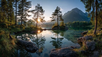 Stunning sunrise over hintersee lake with crystal-clear reflections, lush alpine meadows, and majestic bavarian alps in germany, popular scenic landscape for nature photography and travel