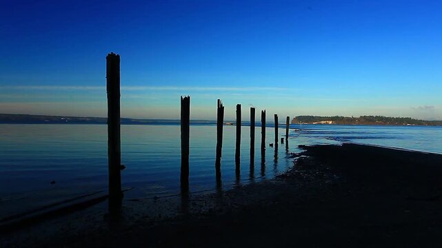 a video of an Puget sound shoreline at sunrise in Washington State