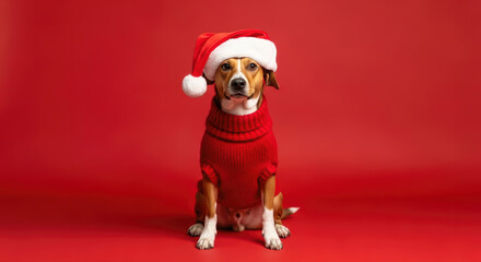 An adorable dog in a festive Santa Claus hat and cozy red sweater sits against a vibrant matching red background for a cheerful Christmas portrait.