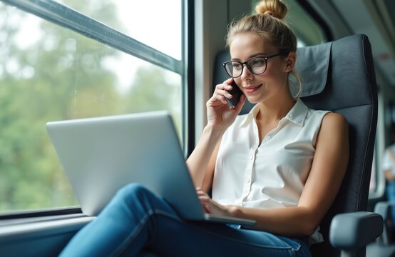 Attractive young woman in glasses, white blouse works on laptop talking on mobile phone. Travels by train, managing business on go. Multitasker represents modern efficient remote work life, smart