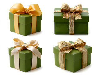 Set of green gift boxes with bows and ribbons for Christmas, birthday, or Valentine's Day celebrations