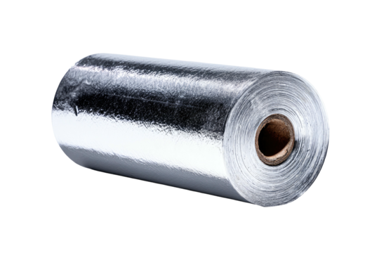 Rolled, shiny metallic insulation material on black