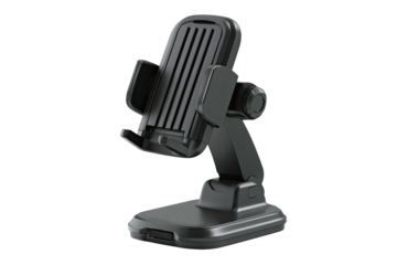 Black, adjustable phone stand. Angled view on black backdrop