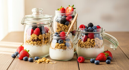 A vibrant and healthy breakfast concept featuring layered granola, fresh mixed berries, and creamy yogurt parfaits in glass jars on a rustic wooden table.