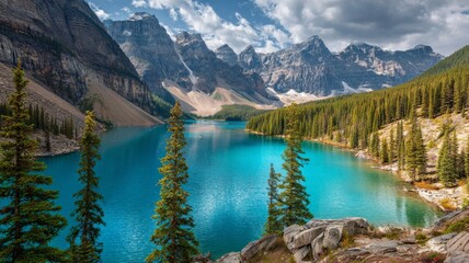 Scenic summer view of turquoise moraine lake surrounded by rugged peaks and evergreen forest in banff national park landscape in alberta canada rocky mountains nature scenery
