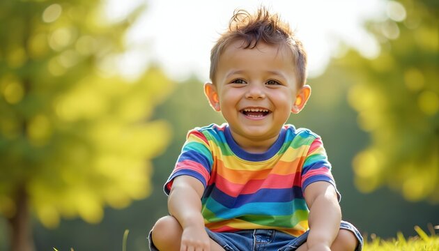 Young boy with down syndrome smiles brightly outdoors. He wears a colorful striped shirt and denim shorts on a sunny day. The cheerful child sits in green parkland surrounded by trees. - Powered by Adobe