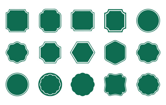 A versatile collection of green geometric and decorative label shapes and vintage-style frames for badges and tags, representing a conceptual design set