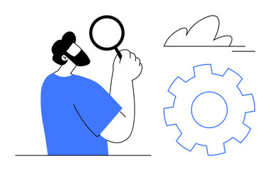 Man holding magnifying glass, cloud, and gear emphasize research, strategy, creativity, progress, innovation teamwork and exploration. Ideal for logic technology and problem-solving. Simple flat