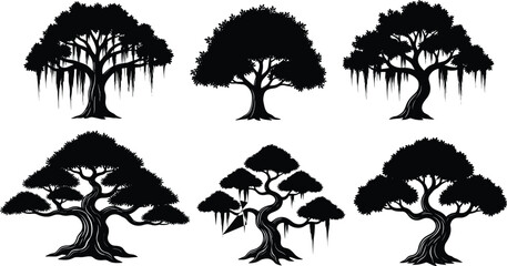 Collection of six black tree silhouettes, vector illustration of banyan and bonsai plants, nature design elements, forest symbols, isolated on white background.
