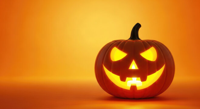 Bright Halloween jack-o-lantern pumpkin with a spooky glowing face against an orange background, perfect as a vibrant banner with copy space.