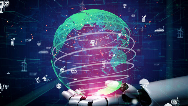 Futuristic Concept of Artificial Intelligence Reaching Out to a Virtual Green Earth Surrounded by Technology and Eco-Friendly Symbols in a Digital Space xenic.