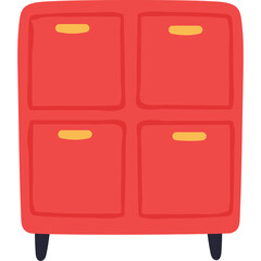 Red Storage Cabinet with Four Drawers and Yellow Handles on Black Legs with Transparent Background