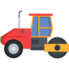 Red Steamroller Truck with Blue Windows and Yellow Drum on Transparent Background