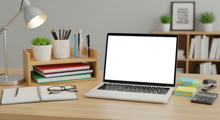 Modern Home Office Workspace with Empty Laptop Screen Mockup, Desktop Organizer, and Essential Study Supplies for Back to School or Learning Concepts.