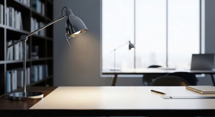 Professional modern office workspace featuring a focused desk lamp illuminating a clear white surface, ideal for design, study, or productivity.