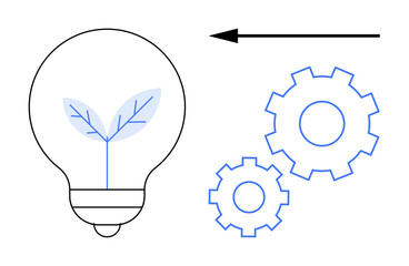 Renewable energy concept. Lightbulb with green leaf eco-energy alongside gear mechanism. Renewable energy development, sustainable engineering, eco-innovation, green solutions, environmental