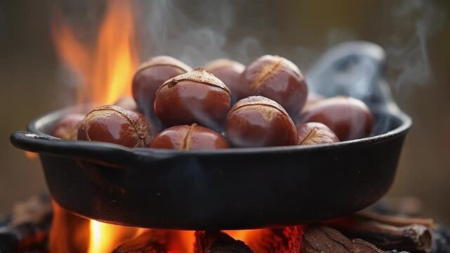 Roasting chestnuts over an open fire in a cast iron pan