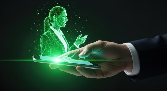 AI 3D Holographic Business Assistant Rising from Smartphone, Handheld Close-Up, Futuristic Technology Interaction