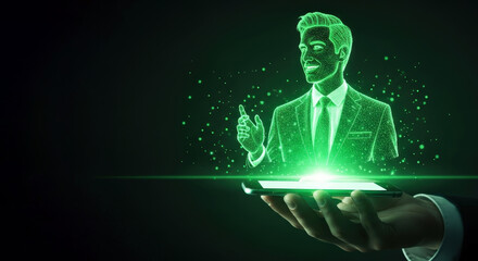 AI 3D Holographic Business Assistant Rising from Smartphone, Handheld Close-Up, Futuristic Technology Interaction