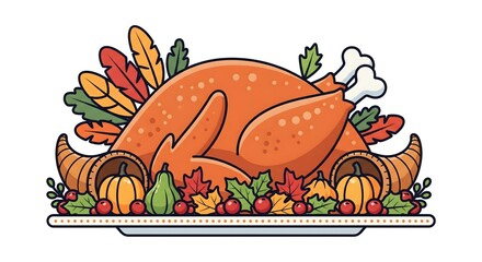 Festive Thanksgiving roasted turkey dinner on a platter with autumn harvest decorations like cornucopias, pumpkins, and leaves