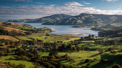 Stunning dunedin landscape on the otago peninsula, new zealand, featuring rolling green hills, dramatic coastal cliffs, and serene ocean views under a clear blue sky