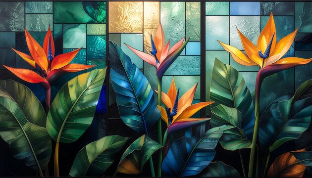 Vibrant Bird of Paradise flowers with lush green leaves against a beautiful stained glass background in shades of blue and green.