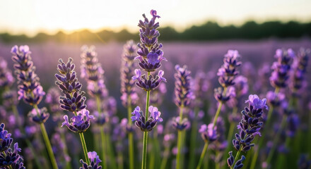 Obraz premium Vibrant blooming lavender flowers in a vast fragrant field, beautifully illuminated by the warm golden sunbeams during a serene sunset.