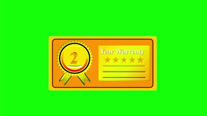 Golden 2 year warranty certificate badge with ribbon and five stars on green screen, premium product guarantee label, metallic gold quality assurance seal for trusted service and reliability
