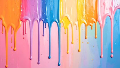 Multicolored paint drips, flowing downwards from a horizontal strip